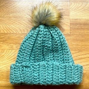 Women’s small winter crochet hat with Pom blue/grey